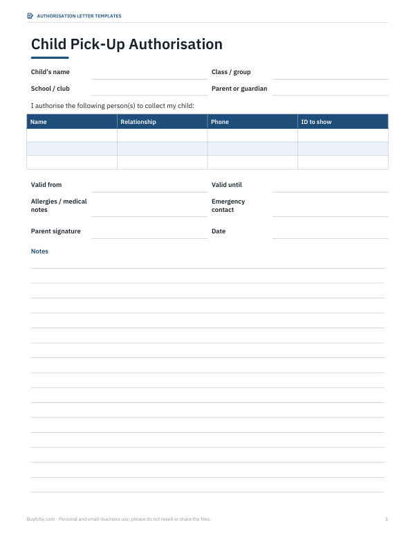 Preview of Child Pick-Up Authorisation Letter