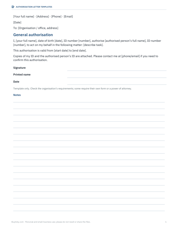Preview of General Authorisation Letter Template