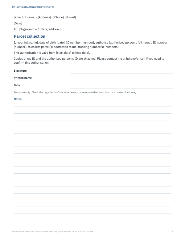 Preview of Parcel Collection Letter Template