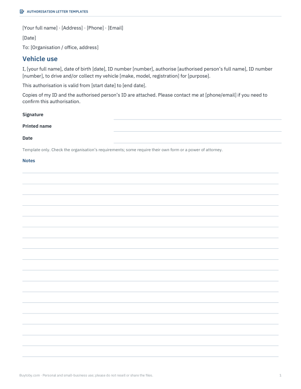 Preview of Vehicle Use Authorisation Letter Template